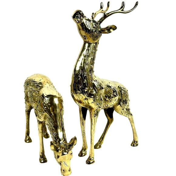 Solid Brass Pair of MCM Spotted Large Heavy 14.5" Deer Figurines-Excellent! - Picture 1 of 9
